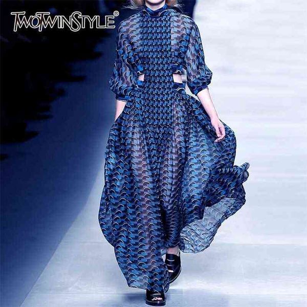 

twotwinstyle summer print dress for women stand collar long sleeve high waist hollow out midi dresses female fashion 210630, Black;gray