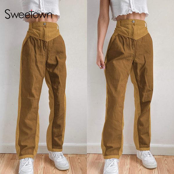 

sweetown brown aesthetic baggy joggers women contrast patches corduroy y2k vintage sweatpants high waist e girl cargo pants, Black;white