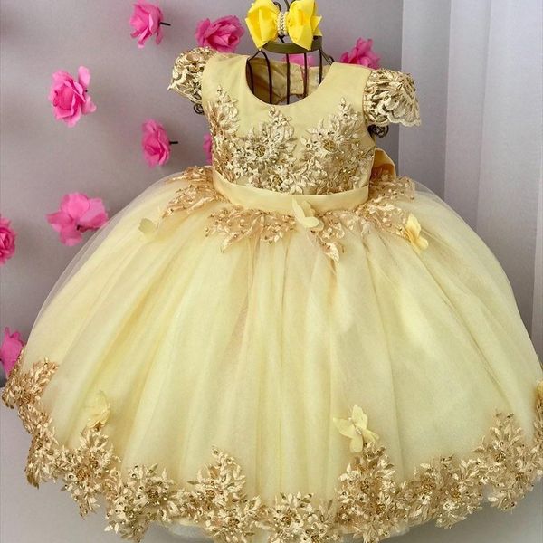

yellow lace ball gown backless flower girl dresses for wedding beaded toddler pageant gowns with bow ankle length tulle kids prom dress, White;blue