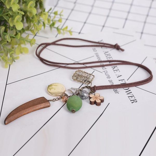 

vintage long necklace fashion handmade jewelry velvet leather rope wooden flower butterfly horn charm pendant necklaces, Silver