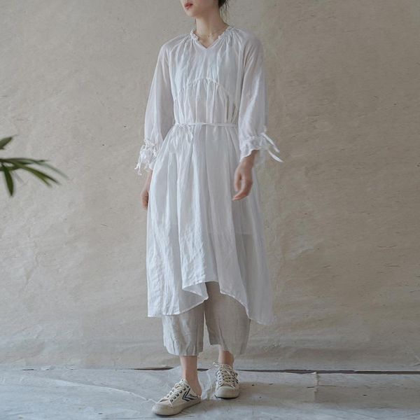 

casual dresses johnature women white vintage bandage ramie v-neck 2021 spring loose patchwork female clothes original, Black;gray