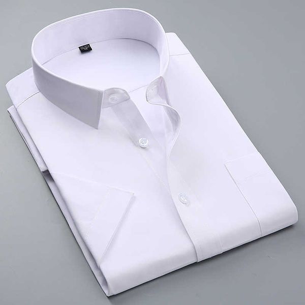 

summer men's short-sleeve white basic dress shirt with single chest pocket standard-fit business formal solid/twill/plain shirts 210628, White;black