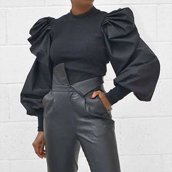 

puff ruffle long sleeve fashion women shirt solid black white pink tees ladies slim jumper pullover