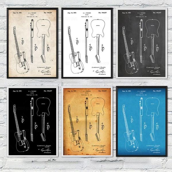 

paintings vintage fender telecaster 1951 guitar patent music room blueprint poster canvas painting print wall décor living home art