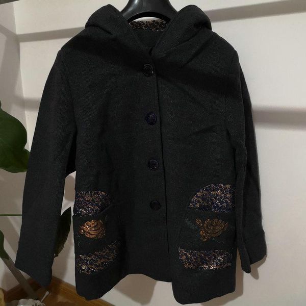 

women's wool & blends autumn early winter women hooded tweed coat flower sequined dark green blend hood overcoat woman single-breasted, Black