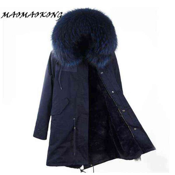 Giacca invernale da donna di marca Fodera lunga staccabile blu navy Parka Cappotto grande con cappuccio in vera pelliccia di procione Outwear 211130