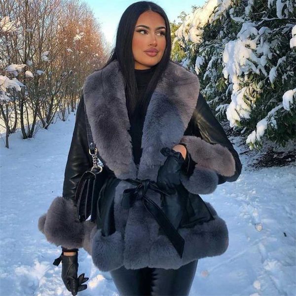 

genuine leather coat fluffy rex rabbit sweater collar long-sleeved warm clothes autumn&winter ladies thick outerwear 211019, Black