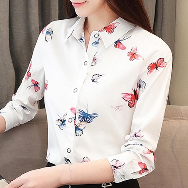 

blusas blouse women 2021 turn down collar office long sleeve print chiffon shirt blouses shirts d445 women's &, White