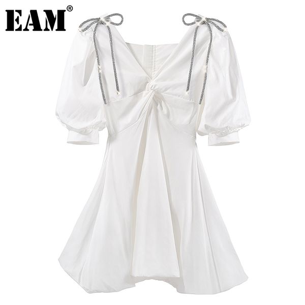 

[eam] women white ruffle bow elegant dress v-neck half puff sleeve loose fit fashion spring summer 1dd7465 210512, Black;gray