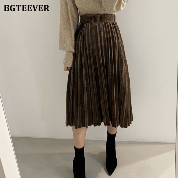 

skirts vintage elastic waist belted women thick midi casual loose female pleated skirts autumn winter kjbw, Black