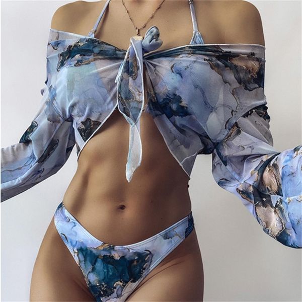 

marble print 3 piece swimsuit women triangle bikini set long sleeve swimwear vintage bathing suit summer beachwear 2021 210319, White;black