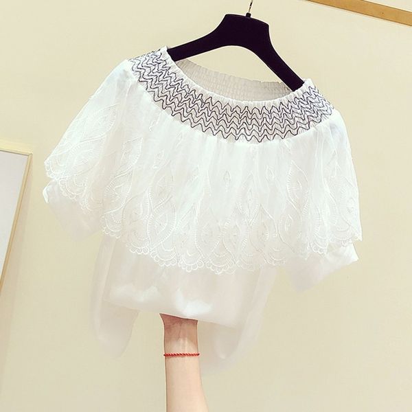 

blouses blouse woman summer korean temperament lace flounced collar short sleeve shirt female leisure chiffon blouses blusas, White