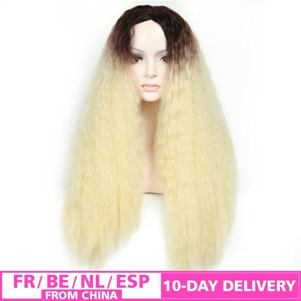 

synthetic wigs ombre blonde wig long wave middle part costum cosplay party for women afro kinky straight heat resistant fibre, Black