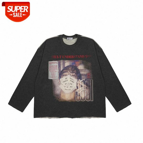 

bf lazy character print long-sleeved t-shirt men's street flow loose round neck pullover bottoming shirt #1x23, White;black