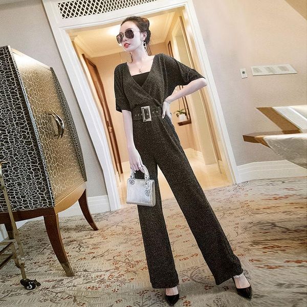 

women's tracksuits 2021 women spring summer vintage set female v-neck half sleeve shirt and wide leg pant 2 piece ladies casual loose s, Gray
