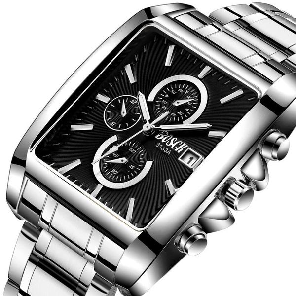 

wristwatches rectangle fashion men wristwatch stainless steel watchband casual business watches sports waterproof big dial clock male, Slivery;brown