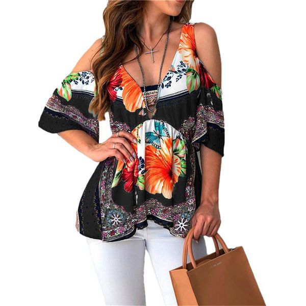 

flower print women chiffon blouses and deep v-neck cold shoulder backless blouse casual summer vintage dames shirt women's & shirt, White