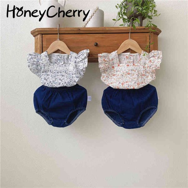 

girl's summer suit baby floral shirt + jean shorts 2 girl clothes set 210515, White