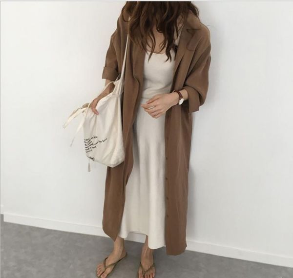

women's trench coats fall 2021 , fashion long sleeve elegant, loose, cardigan, solid color, windbreaker, Tan;black