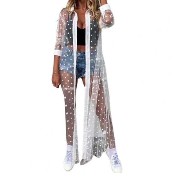 

women's swimwear summer women 2021 long sleeve bikini coat dot print net yarn see-through lapel cover up beachwear black xl, White;black