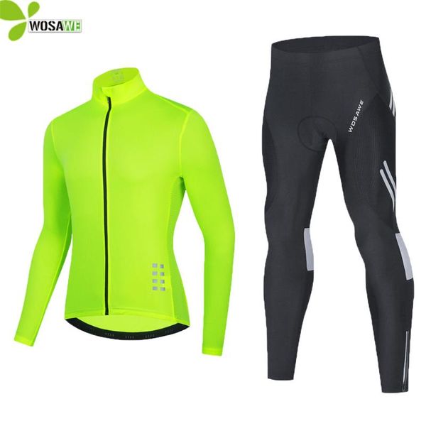 

racing sets wosawe long sleeve cycling suit reflective shirts gel pad windproof pants tight trousers kit bicycle mtb uniform jersey set, Black;blue