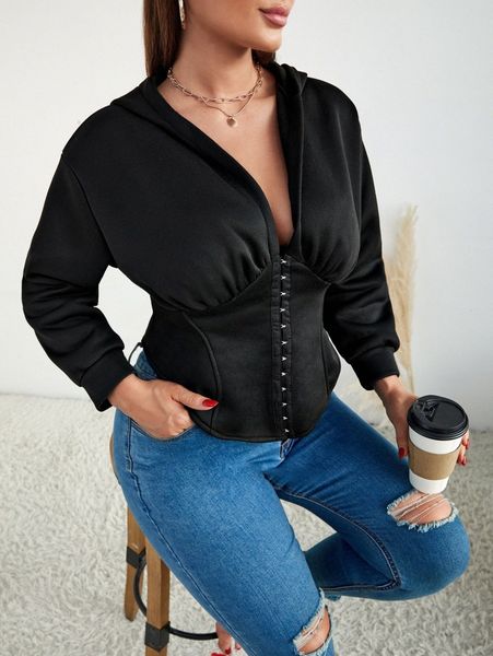 

plus drop shoulder hook and eye thermal hoodie d3dy#, Black