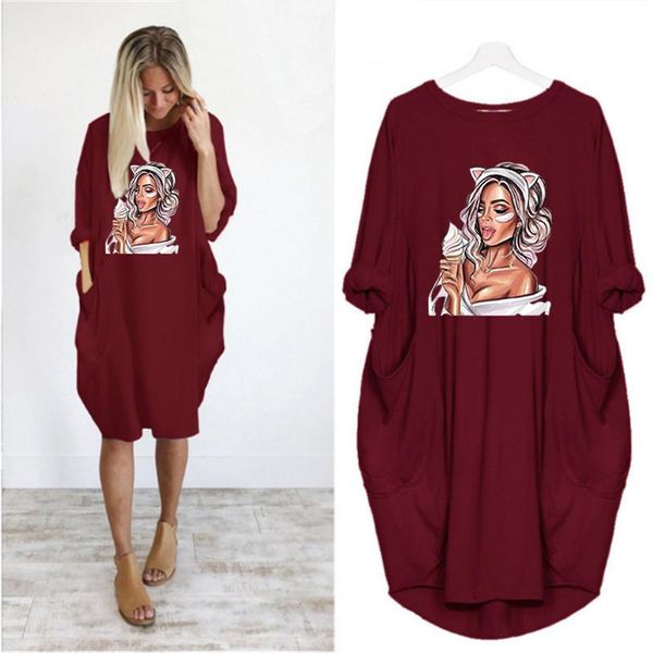 

plus size women dresses beauty print mom& baby long sleeve pocket casual autumn party streetwear vintage vestidos pregnant robes, Black;gray