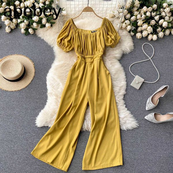 

women solid rompers korean short sleeve square collar wide leg jumpsuits summer off shoulder vacation rompers 210715, Black;white