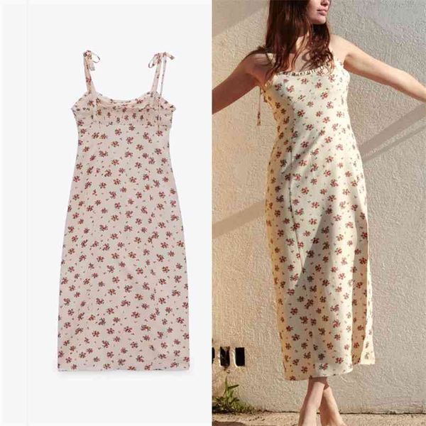 

linen floral print long sundress women sleeveless tied straps ruffle summer dress chic front slit smocked elegant 210524, Black;gray