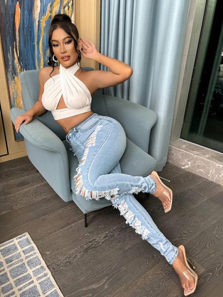 

sxy high waisted ripped distressed jeans c0tr#, Blue