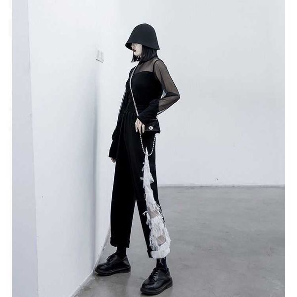 

women's jeans harajuku black mesh stitching pants summer thin korean straight high waist slim wide leg casual trousers rj87, Blue