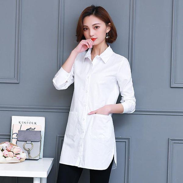 

women's blouses & shirts 2021 fashion korean style women long sleeve casual shirt pockets design cotton blouse ladies plus size 5xl, White
