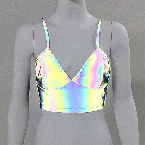 

summer laser reflective women cami sling v neck casual vest blouse sleeveless crop shirt, White
