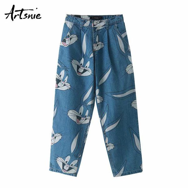

women's jeans artsnie streetwear casual cartoon print denim pants women high waist pockets boyfriend loose straight long femme, Blue