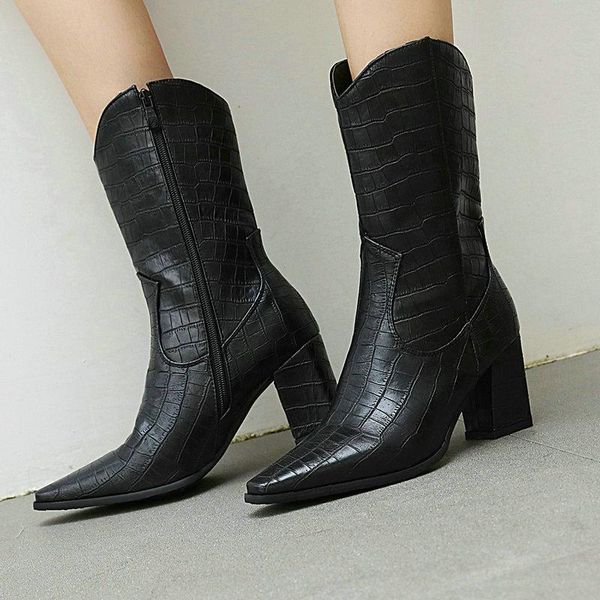 

boots 2021 fashion women's shoes pointed toe thick heel women winter high crocodile pattern pu zipper nude heels, Black