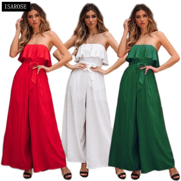 

isarose summer off shoulder jumpsuit strapless fashion sleeveless ruffle collar loose jumpuits wide leg romper long trouser 210422, Black;white