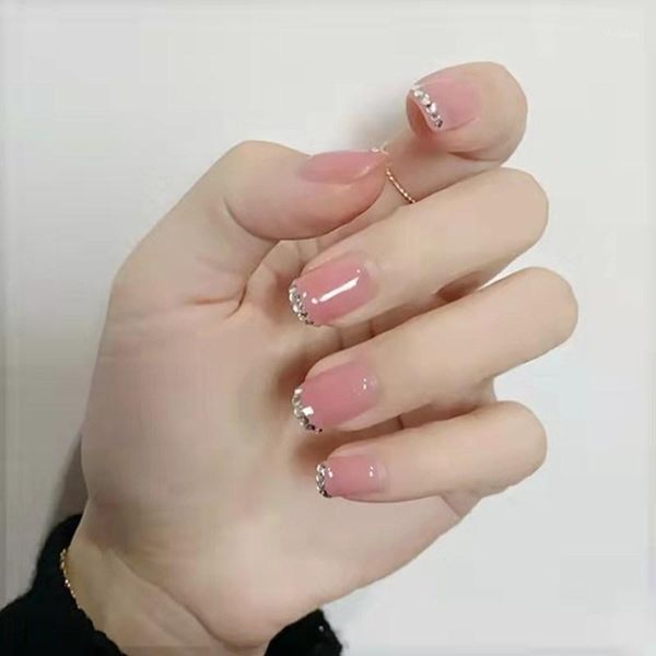 

24pcs wearable fake fingernails for girls jelly powder diamond fingernails1, Red;gold