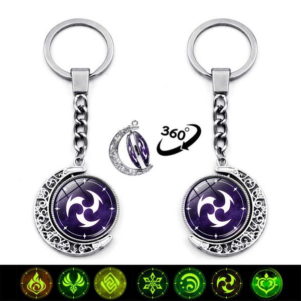 Leuchtendes Spiel Genshin Impact Schlüsselanhänger Charms 360 Grad drehbarer Mond Anime Anhänger Glow In The Dark Schlüsselanhänger Metall Schlüsselanhänger G1019