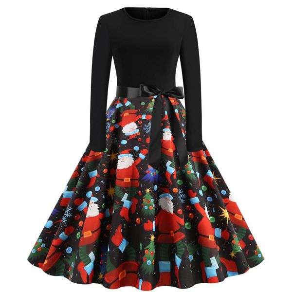 

casual dresses winter christmas women 50s 60s vintage robe swing pinup elegant party dress long sleeve plus size print black #8, Black;gray