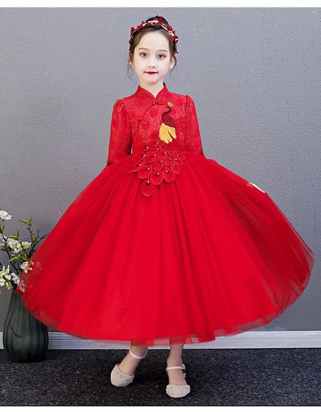 

girl's dresses peacock applique long sleeve princess dress girl mesh tutu wedding party for birthday costumes, Red;yellow