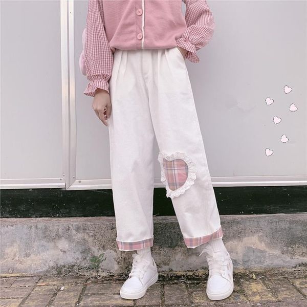 

harajuku wild cute soft womens pants sister casual corduroy kawaii straight love heart patch loose, Black;white