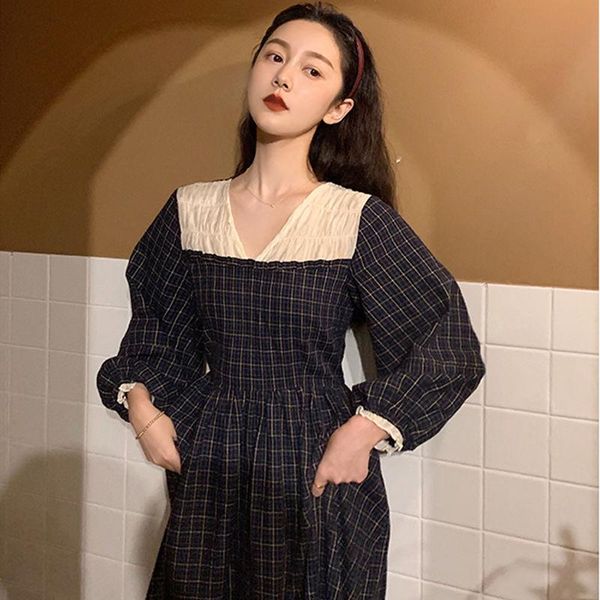 

women vintage dress autumn puff long sleeve plaid midi patchwork black loose dresses elegant woman clothes casual, Black;gray