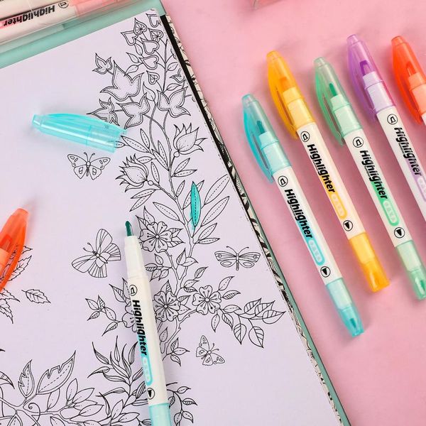 

pcs/set visible window double headed highlighter pen cute colored students journal writing fluorescent school supplies highlighters, Black;red