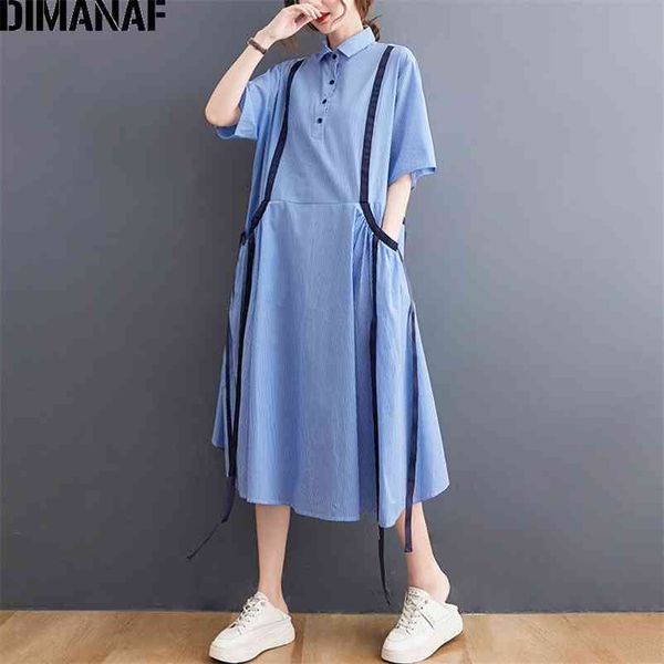 

plus size summer shirt dress sundress women vestidos fashion lady long cotton striped blue pockets clothing 210531, Black;gray