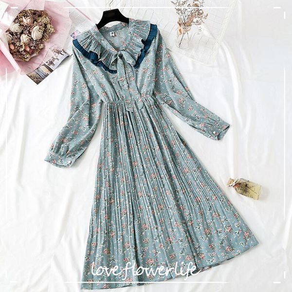 

vintage floral print chiffon dress spring summer midi long pleated dress women elastic waist vestido elegant dress 210521, Black;gray