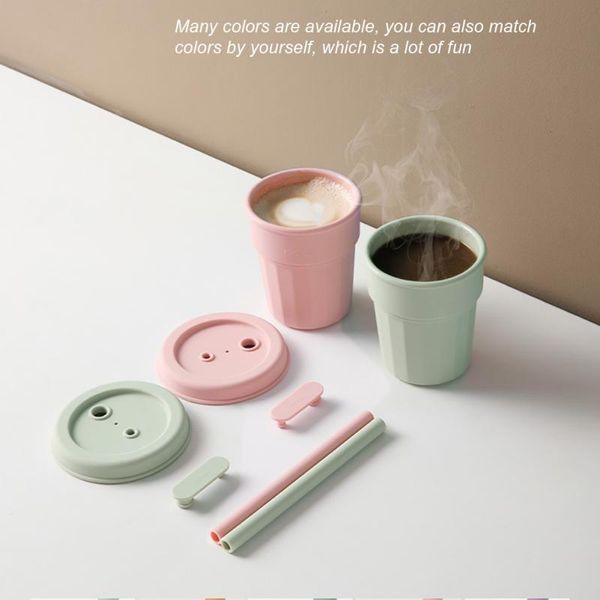 

mugs 410ml capacity silicone straw handy cup baby anti-fall coffee reusable with lid