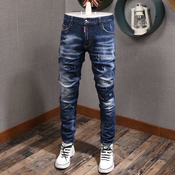 

italian style fashion men jeans retro blue vintage designer ripped denim pants streetwear slim fit hip hop trousers
