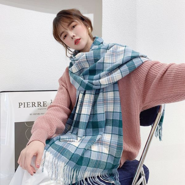 

autumn and winter korean style plaid scarf womens winter all-matching warm shawl double-sided fashion scarf, Blue;gray