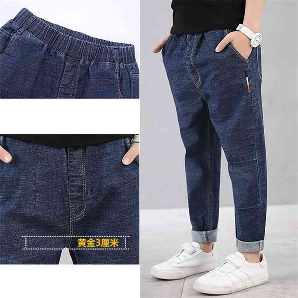 Bahar Erkek Pantolon Jeans Moda Çocuk Tek Katmanlı Pantolon Genç Gevşek Elastik Bel Denim Tayt Mavi Renk Giysileri 210622