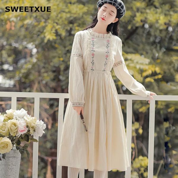 

casual dresses sweetxue mori girl vintage flower embroidered midi dress round neck lantern sleeve simple comfortable back lace-up chic, Black;gray